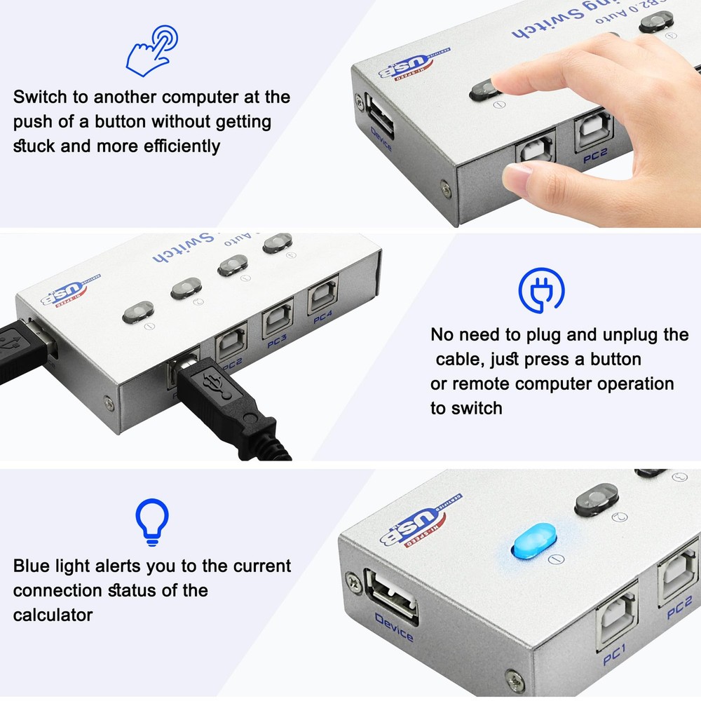 XMSJSIY USB 2.0 Sharing Switch Selector 4 in 1 Out Printer Sharer Switcher 4 ...