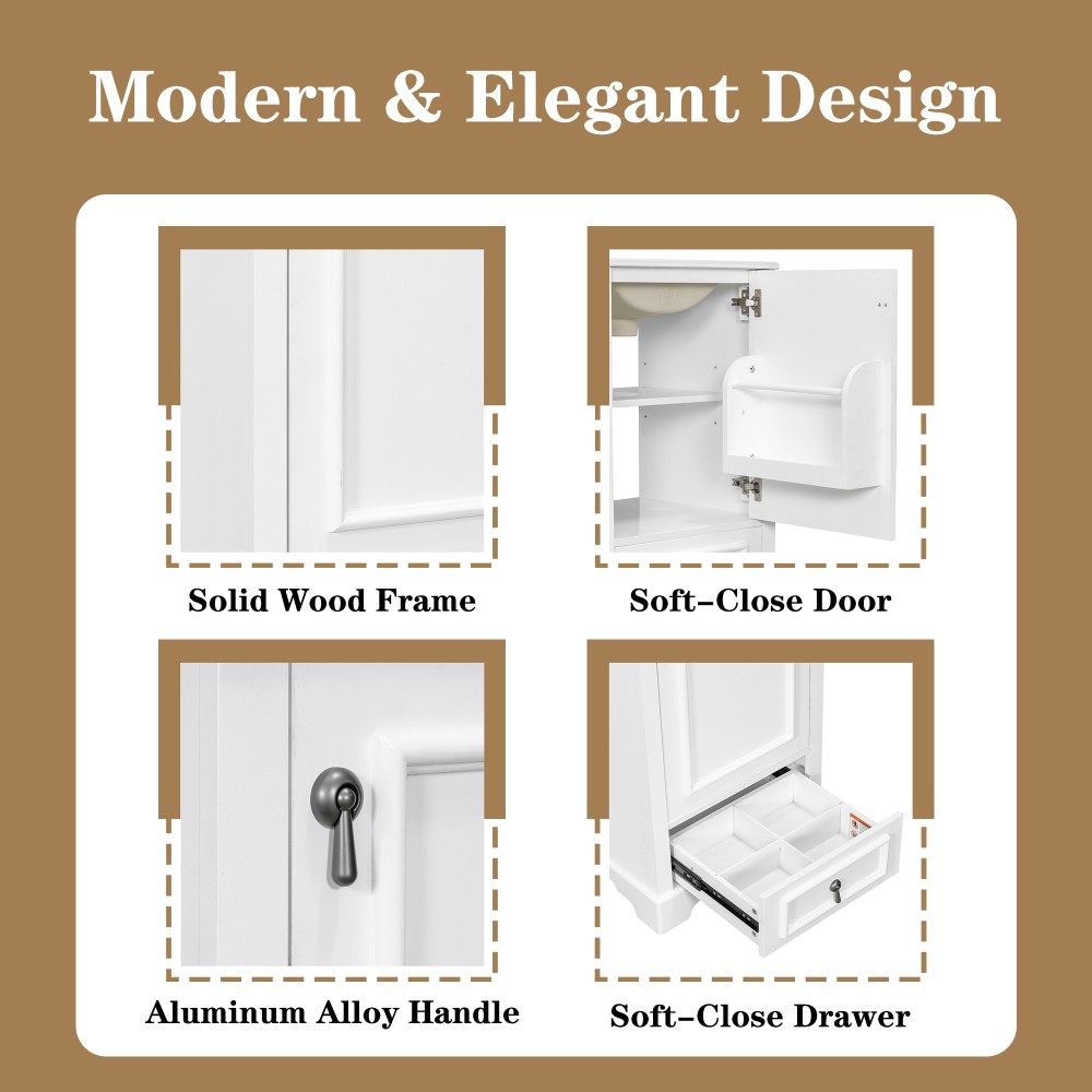 Modern 20" Bathroom Vanity with Ceramic Sink, Soft Close Door, Adjustable Shelf