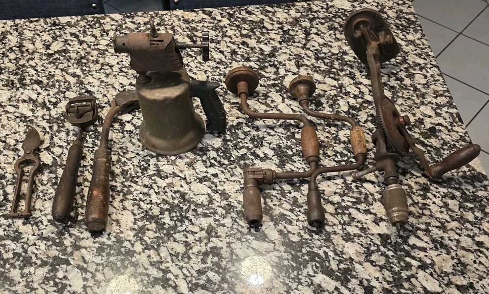 Vintage Antique Hand Tools Drill Blow Torch Snips Scraper