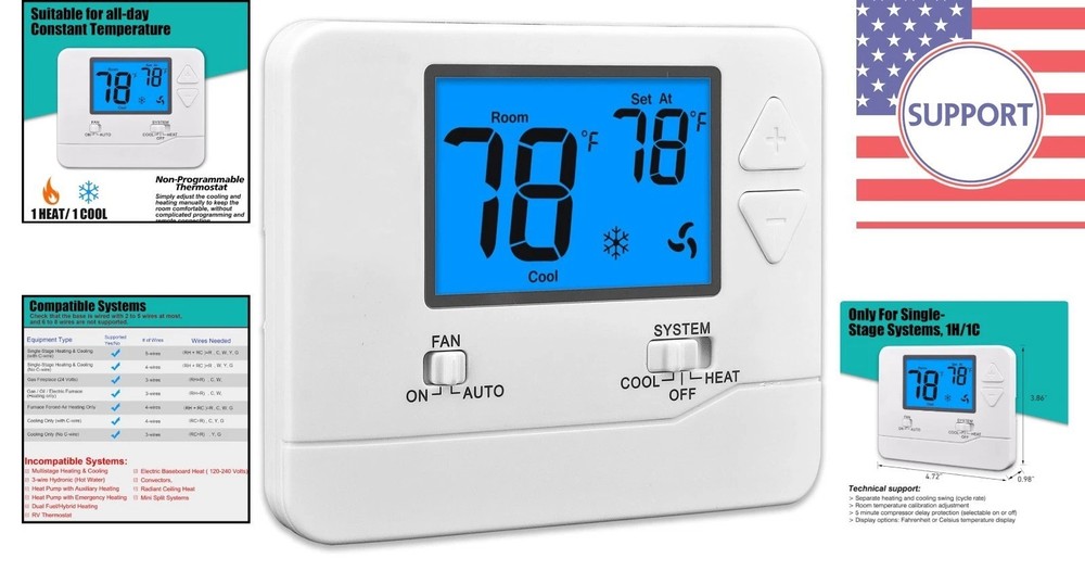 Deluxe Non-Programmable Thermostat for Single-Stage Heating & Cooling Systems