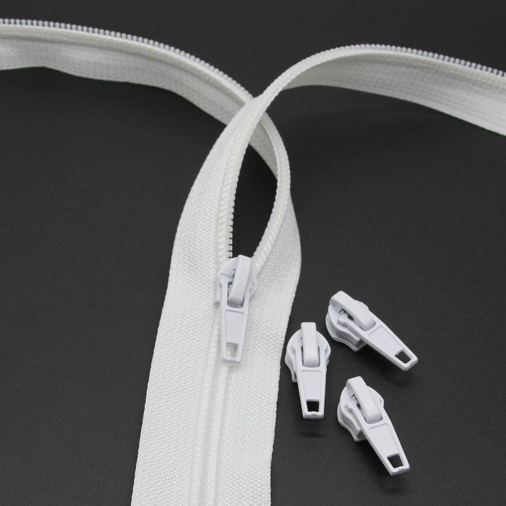 Nylon Zipper - 10 Yards Continuous, 5# Cuttable, with 25 White Zipper Pull Slide