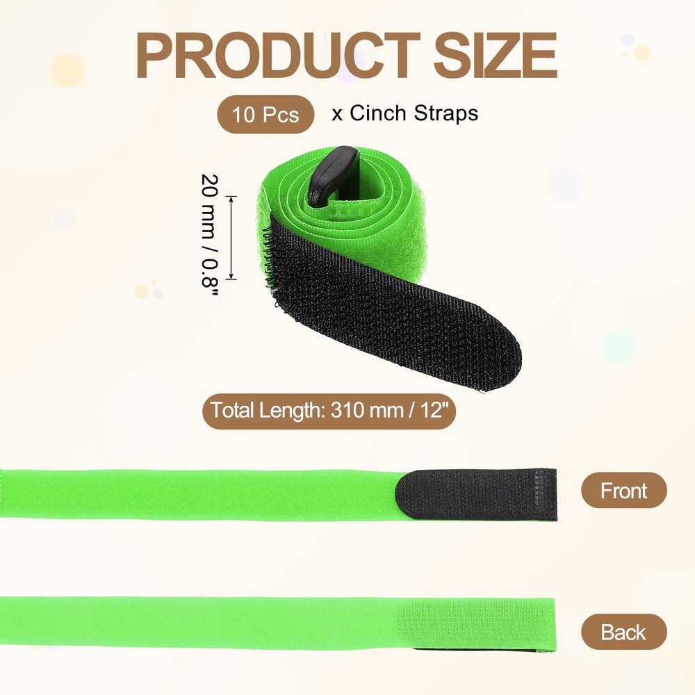 10pcs Reusable Cinch Straps 0.8"x12" Hook and Loop Cable Securing Straps, Green