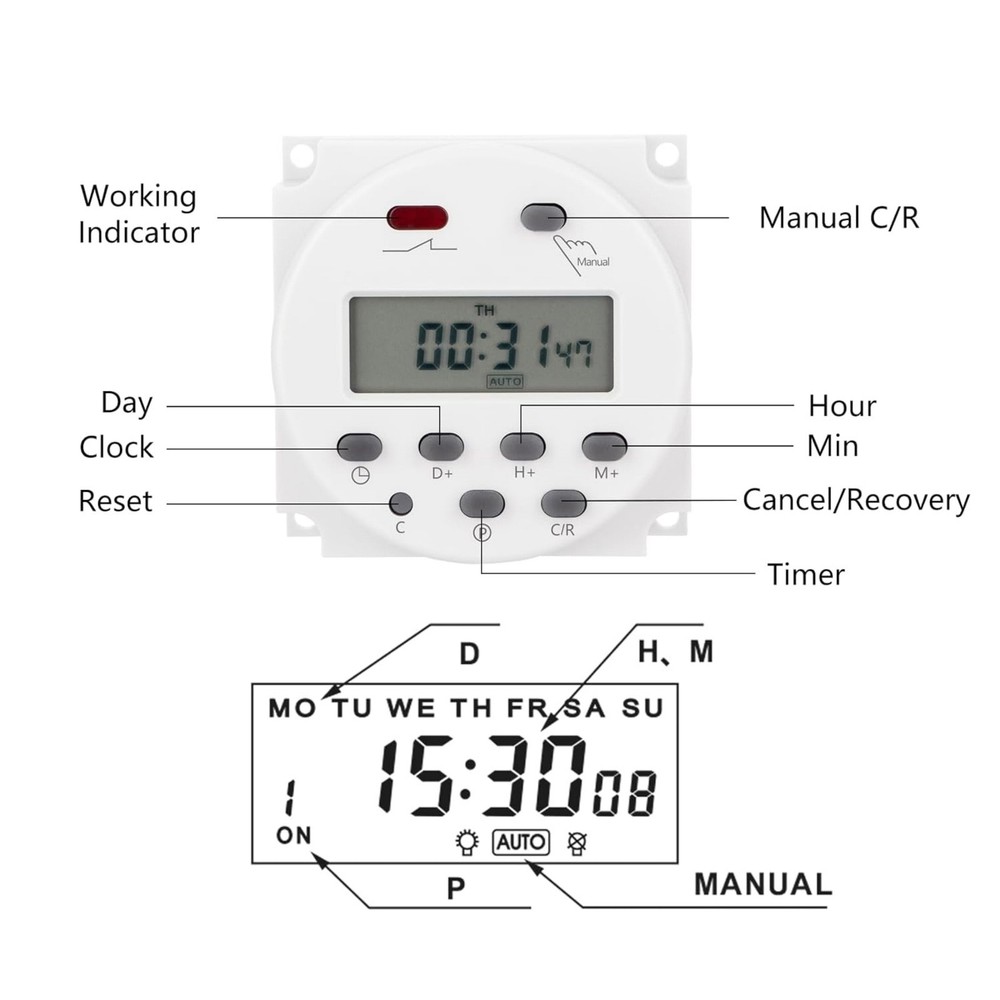 DC 12V Digital LCD Weekly Programmable Timer For Relay Switch 16A 17 Programs