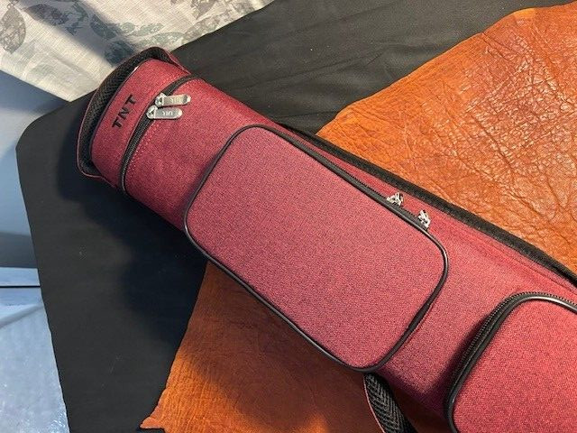 TNT 3x6 Red Nylon Pool Cue Case. Blue interior. Back Pack Straps.