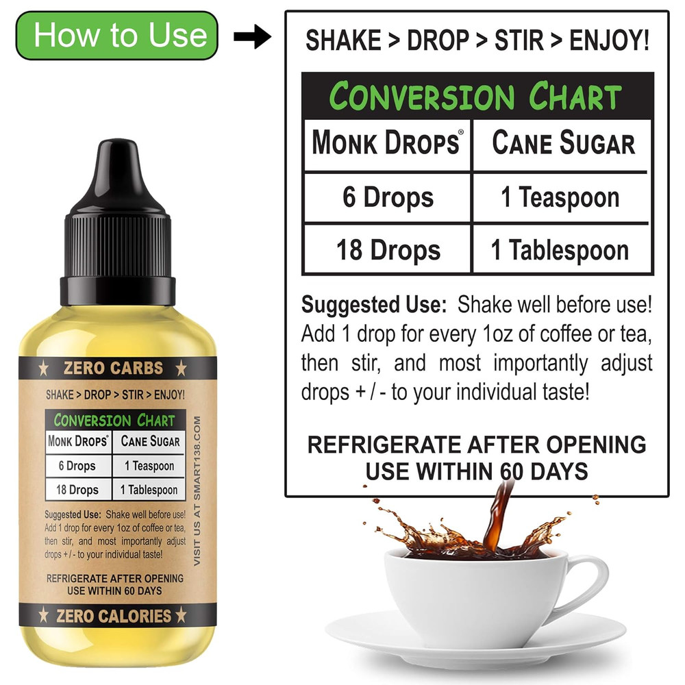 Monk Drops - 100% Monkfruit Liquid Sweetener, Zero Glycemic, Zero Calories, Zero