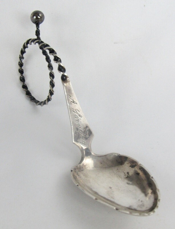 830 Silver J. Strand Tea Caddy Spoon with Fancy Twisted Loop Handle & Ball Tip