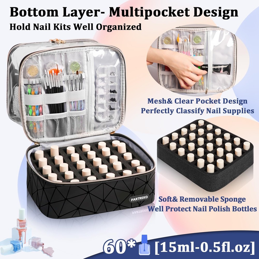 Clear Nail Polish Organizer for 60 Bottles Nail Lamp - Double Layer Storage