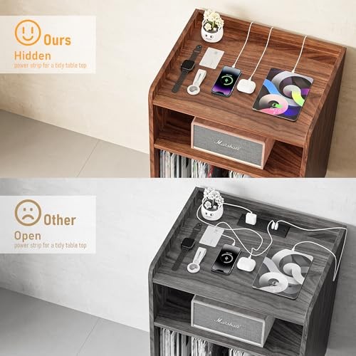 Record Player Stand, Turntable Stand with Record Storage and Charging Walnut