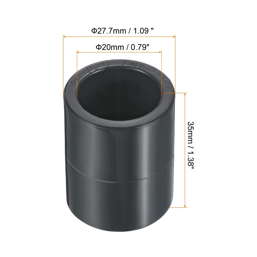UPVC Pipe Fitting 20mm Socket, 6 Pack Straight Coupling, Dark Grey