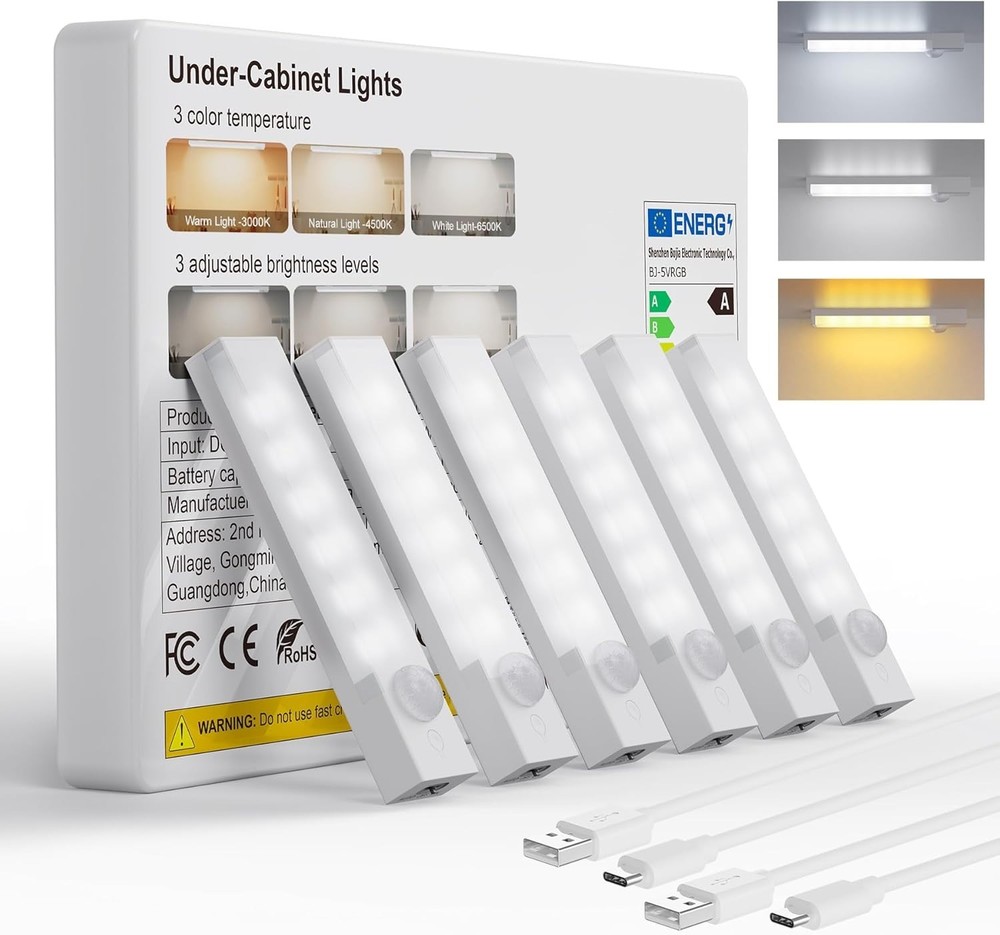 Rechargeable Motion Sensor Under Cabinet LED Lights, Dimmable, 6-Pack