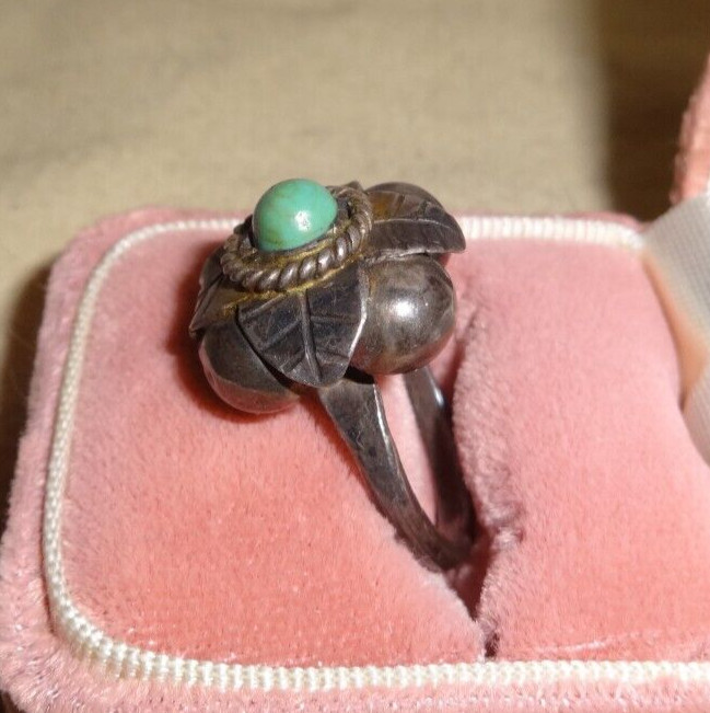 Vintage Mexico Silver Bubbly Turquoise Ring Sz