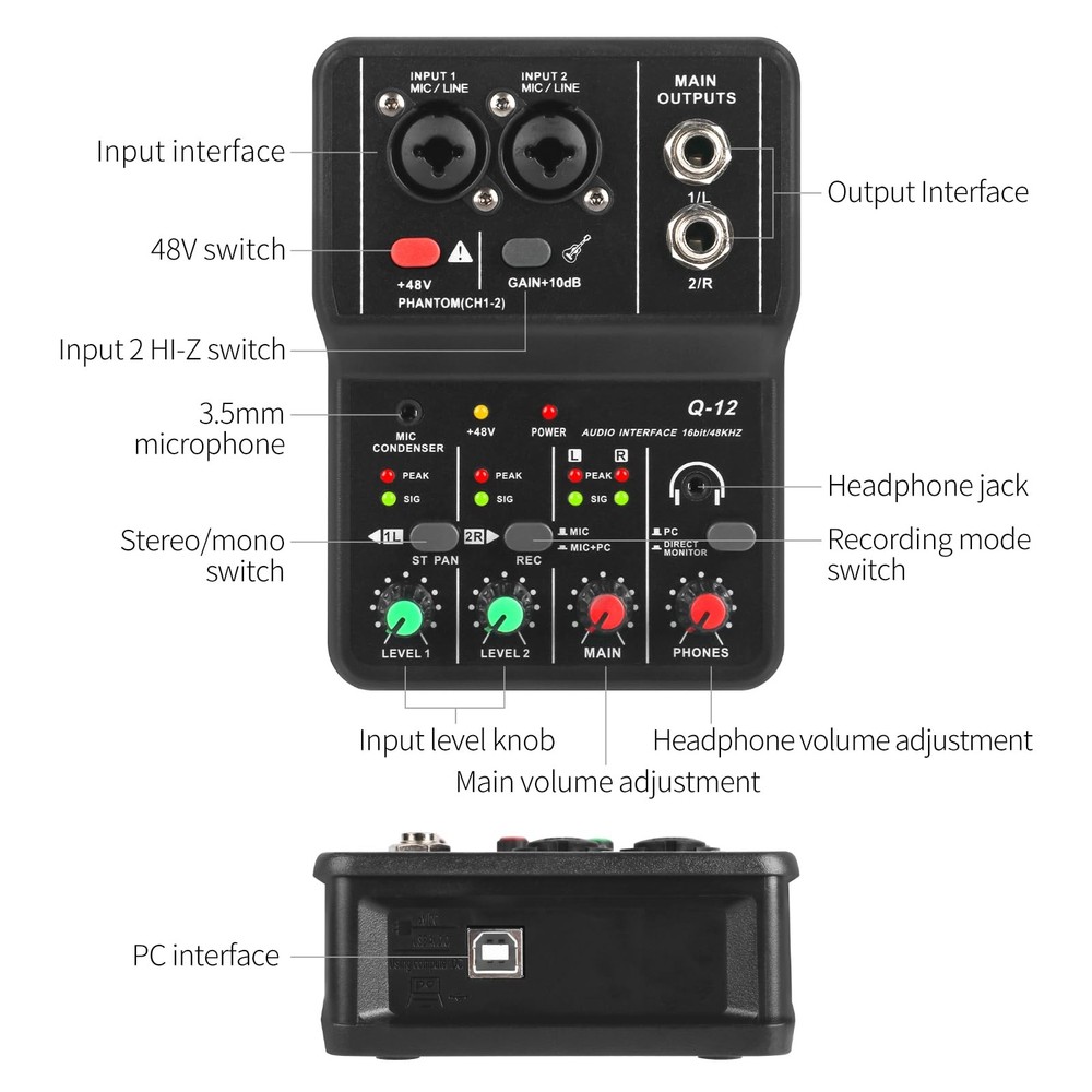 XTUGA USB Audio Interface+48V Phantom Power with 3.55m Microphone Jack,2i2
