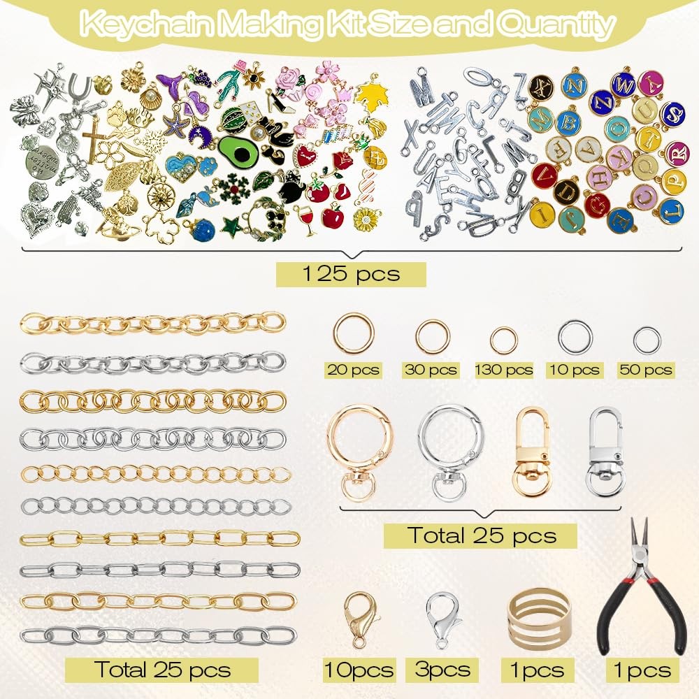 430 Pcs Keychain Making Kit - Bag Charm kit with 25 Extender Chains 25 Keycha...