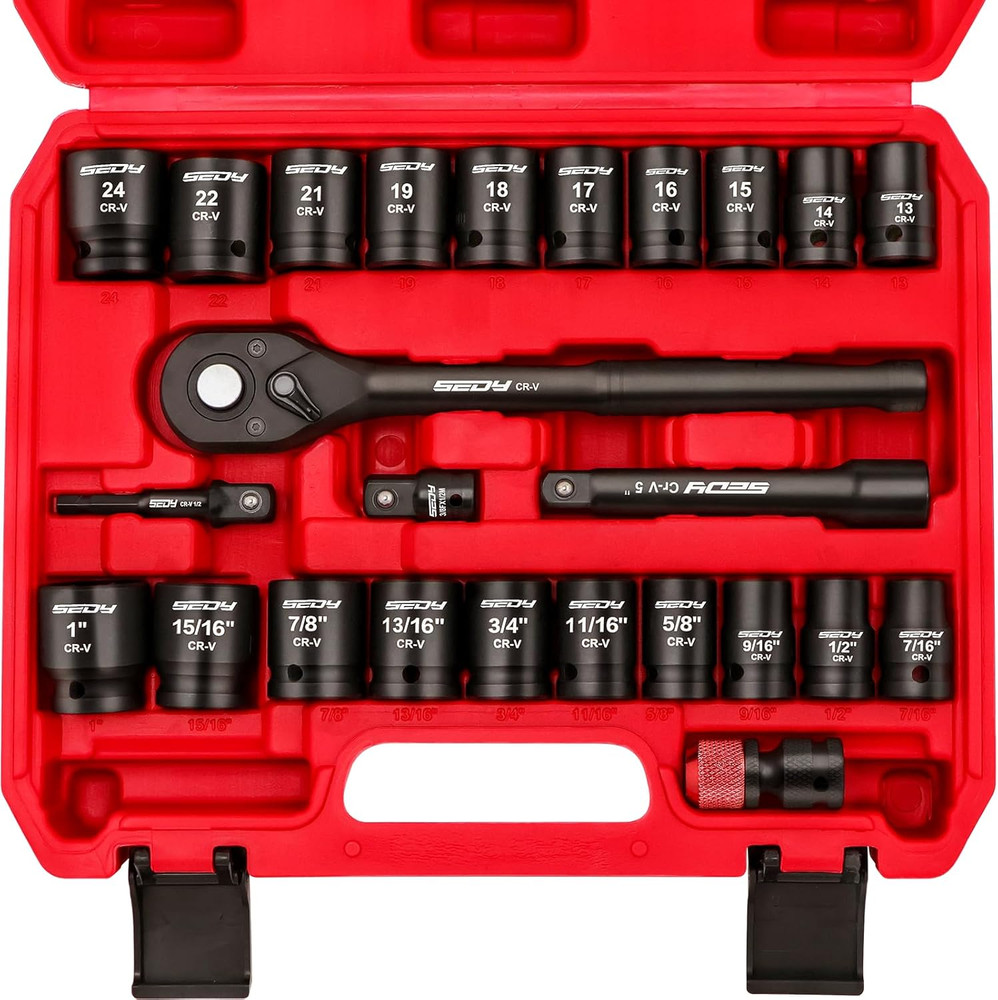1/2" Drive Socket Set: 25-Piece SAE & Metric Impact Socket Ratchet Tool Set So