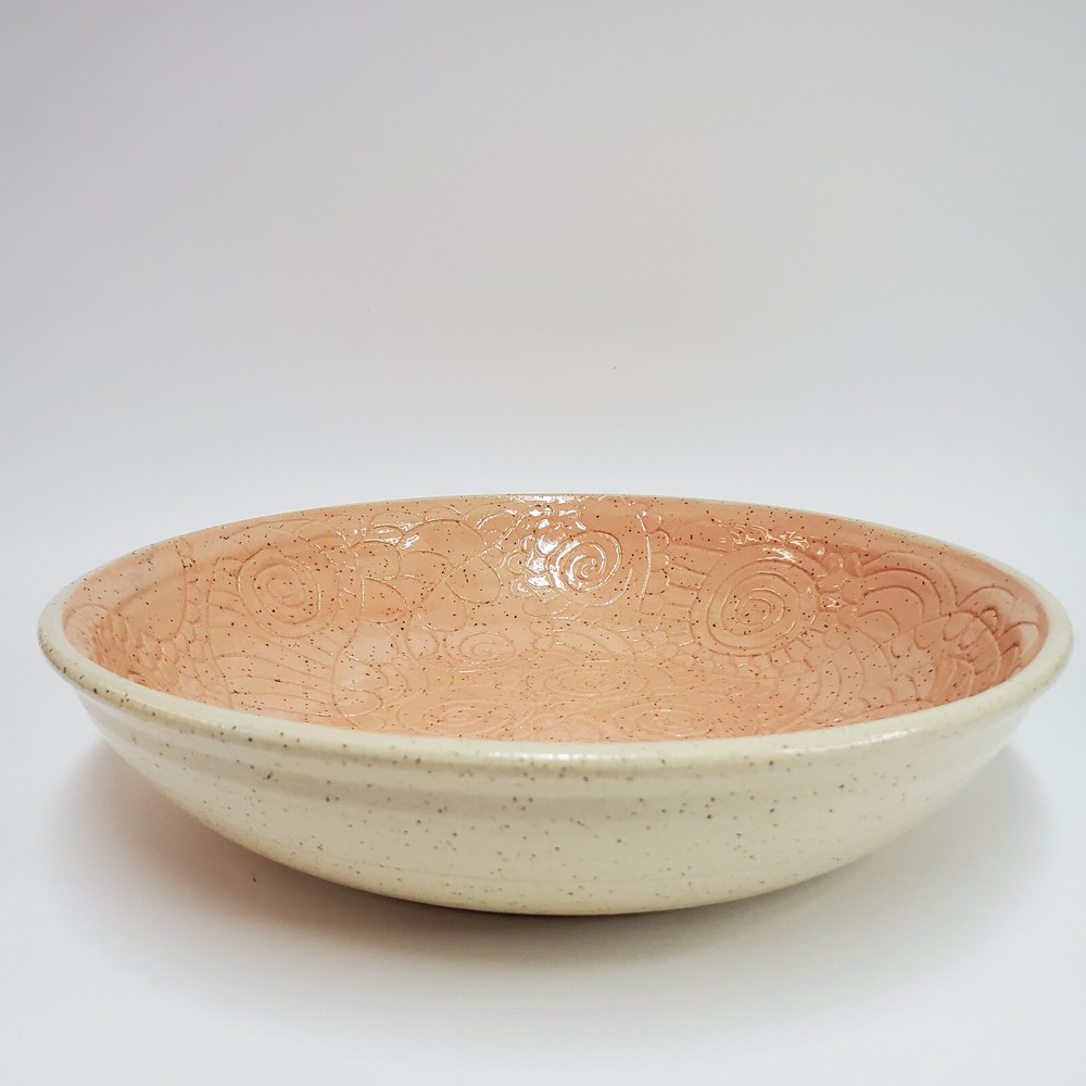 Signed Large Peach Studio Art Ceramic Bowl with Engraved Circle Pattern