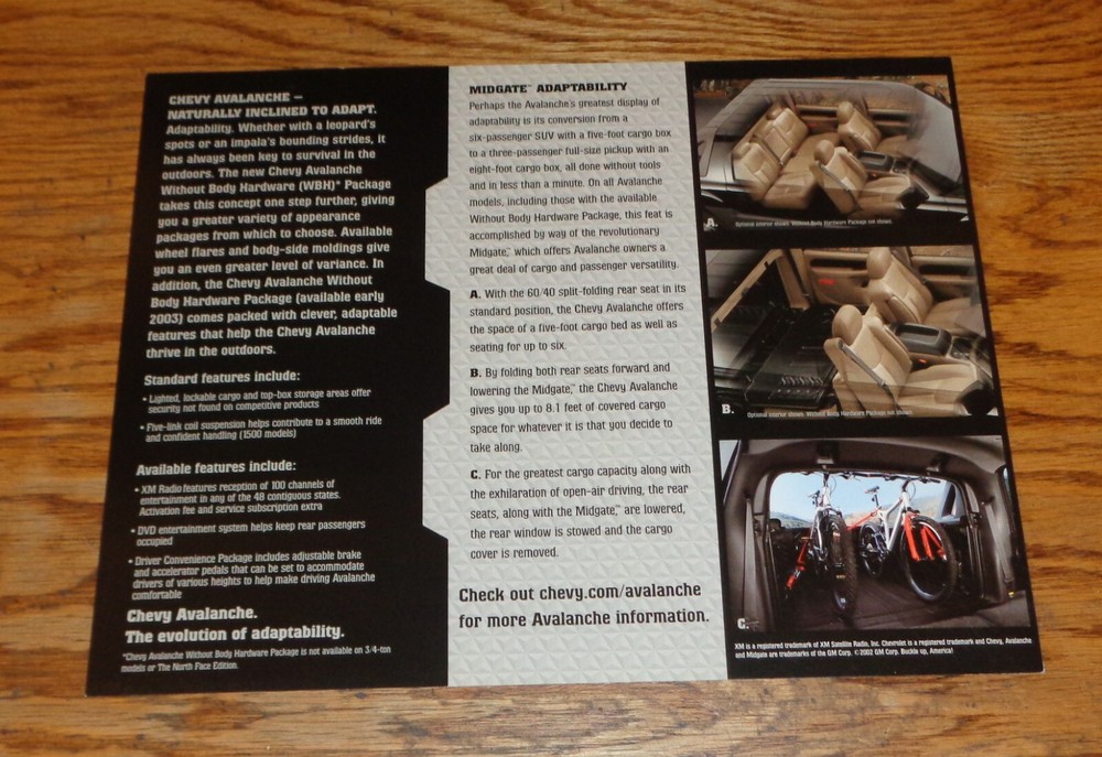 Original 2003 Chevrolet Avalanche Sales Sheet Brochure 03