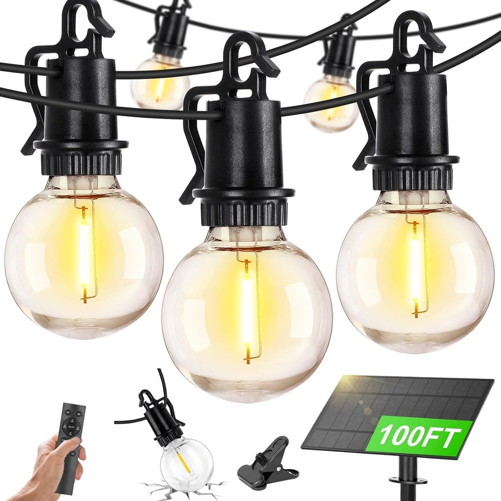 100FT Solar String Lights Outdoor Waterproof with Remote & USB Charging...