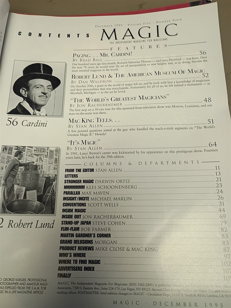 Cardini Magic Magazine Issue December 1995 #3