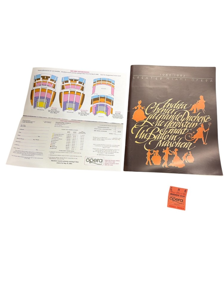 Greater Miami Opera 1982 1983 Andrea Chenier Program + Ticket Stub