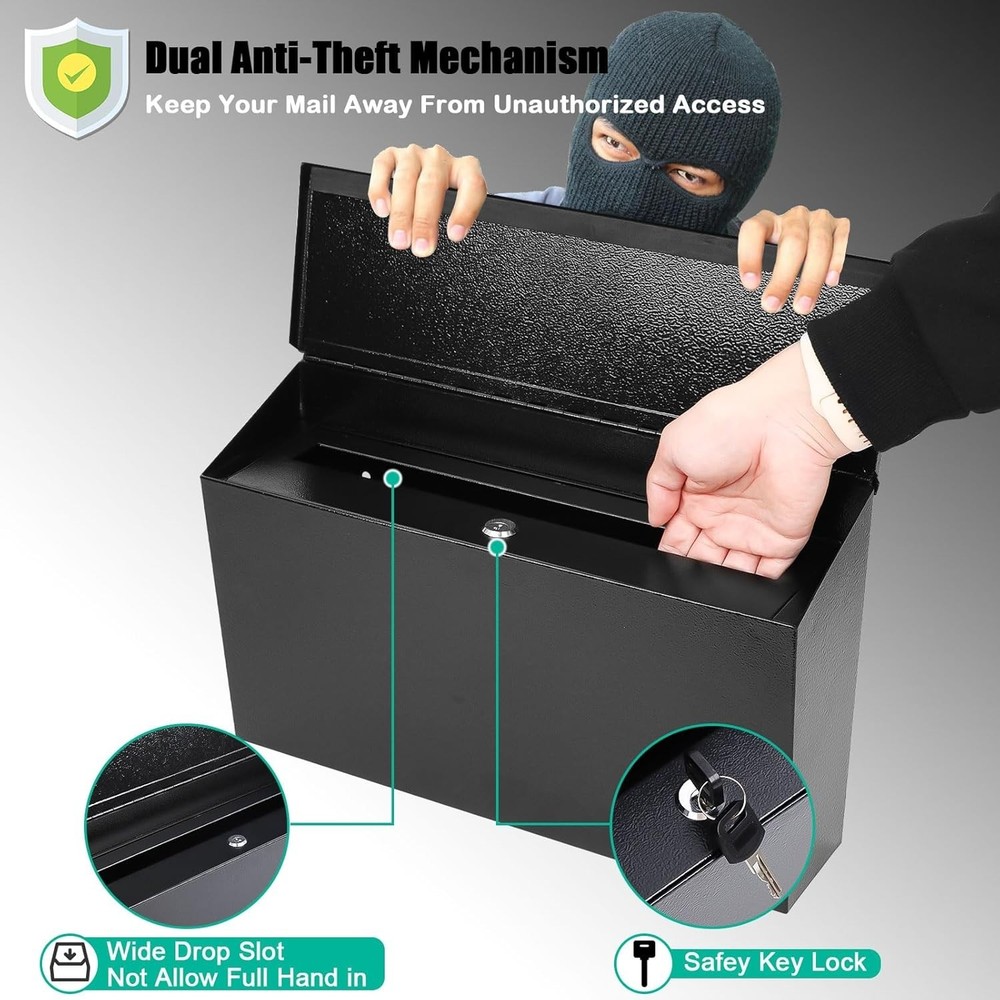 Large Capacity Locking Wall Mount Mailbox - Black