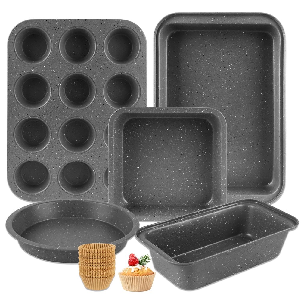Baking Pans Set, 5 Piece Grey Marble Nonstick Bakeware with 100 Cupcake Liner...