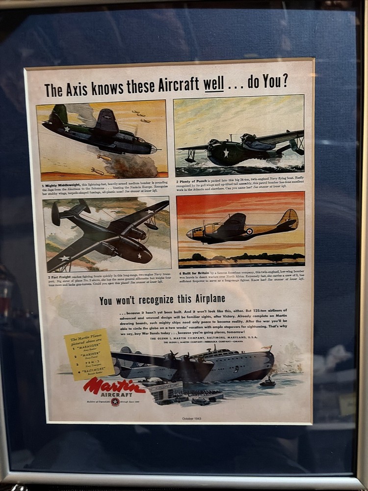Two Framed Martin Aircraft Ads-WWII