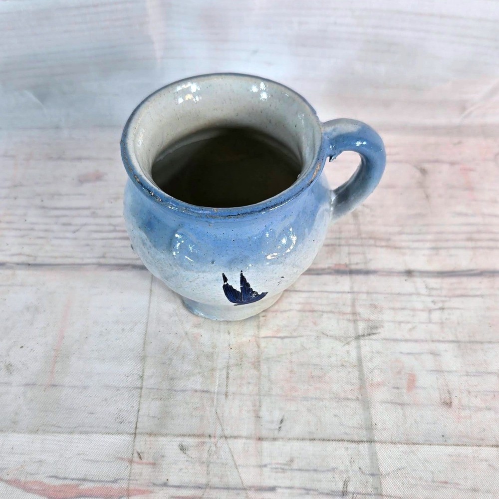 Vintage Blue White Ceramic Mug Small Pitcher Bird Design Handle