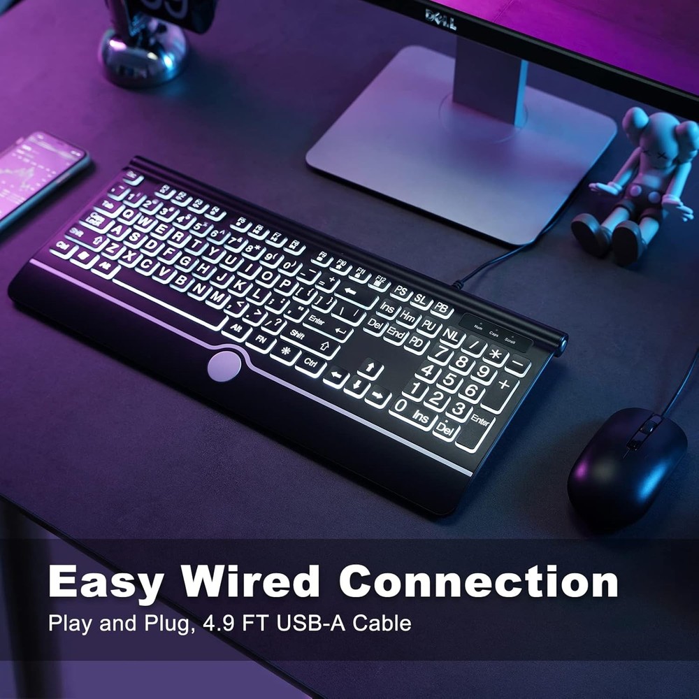 Large Print Backlit Computer Keyboard, USB Full Size Wired large print, black