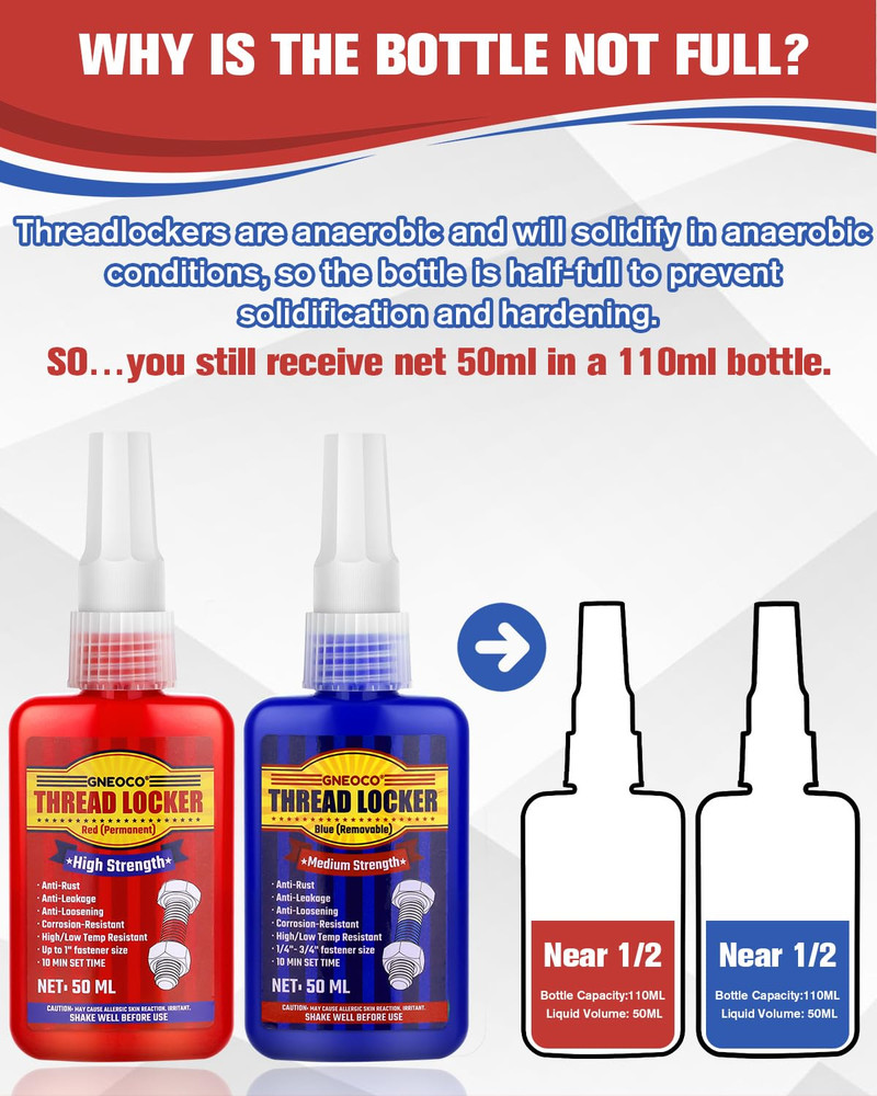 Thread Lock Blue and Red, Threadlocker Medium and Strong Strength, Thread Locker