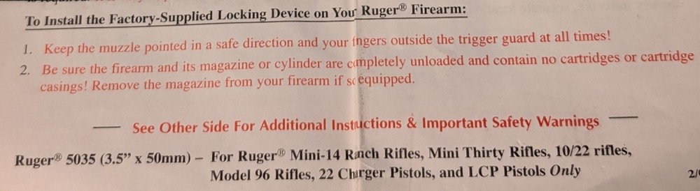Ruger - Pad Lock- #5035- 2 Keys- Gun Lock