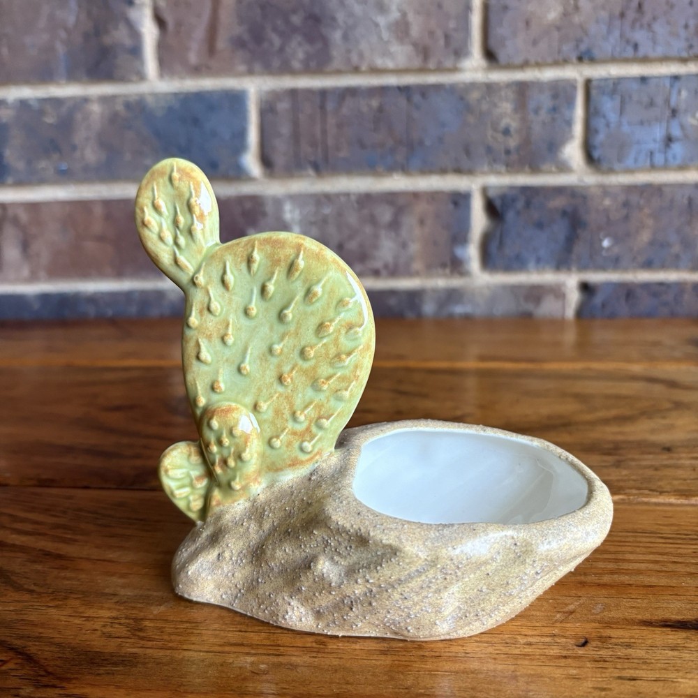 Vintage Glazed Ceramic Prickly Pear Cactus Planter Small Signed Flo