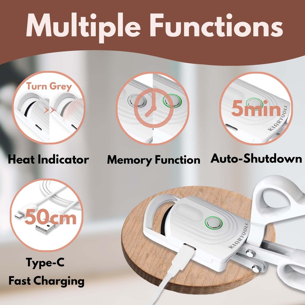 Heated Eyelash Curler USB Rechargeable Type-C 3 Modes Spring Design Tool White