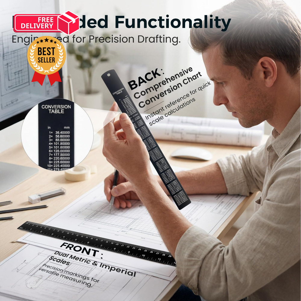 Rena Chris 2Pcs Architectural Scale Ruler, Triangular & Straight Black