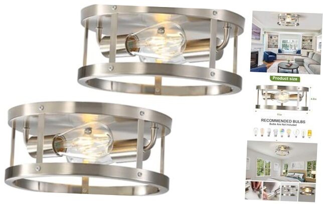 2-Light Industrial Flush Mount Ceiling Light Fixture,Brushed 2 Pack Silver