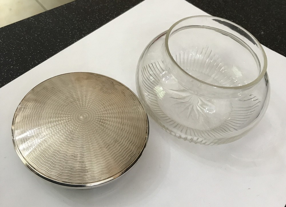 HM Hallmarked Solid Sterling Silver Glass Engine Turned Dressing Table Pot Box