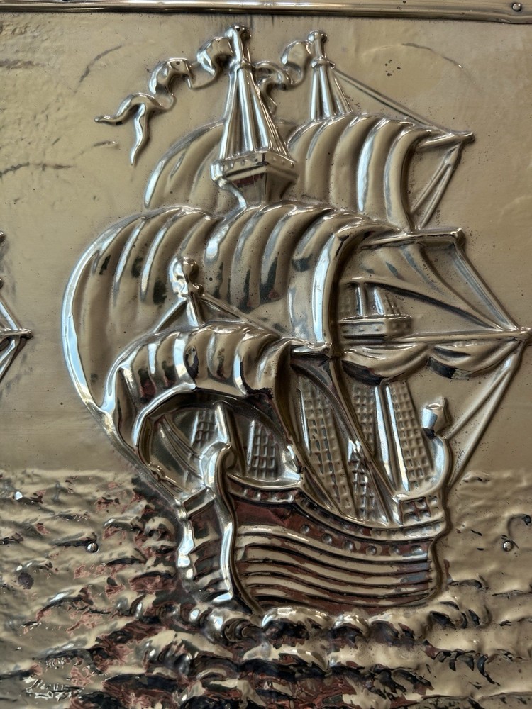 Brass-clad coal box w/embossed sailing ship motif