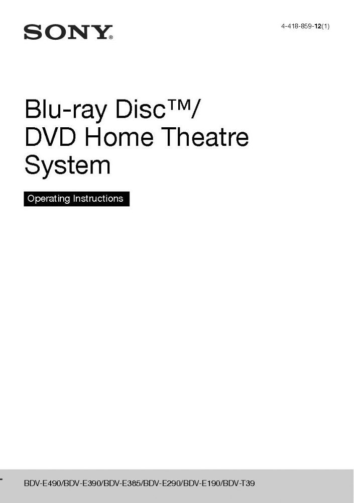 Sony BDV-E290 Blu-ray Player Owners Manual