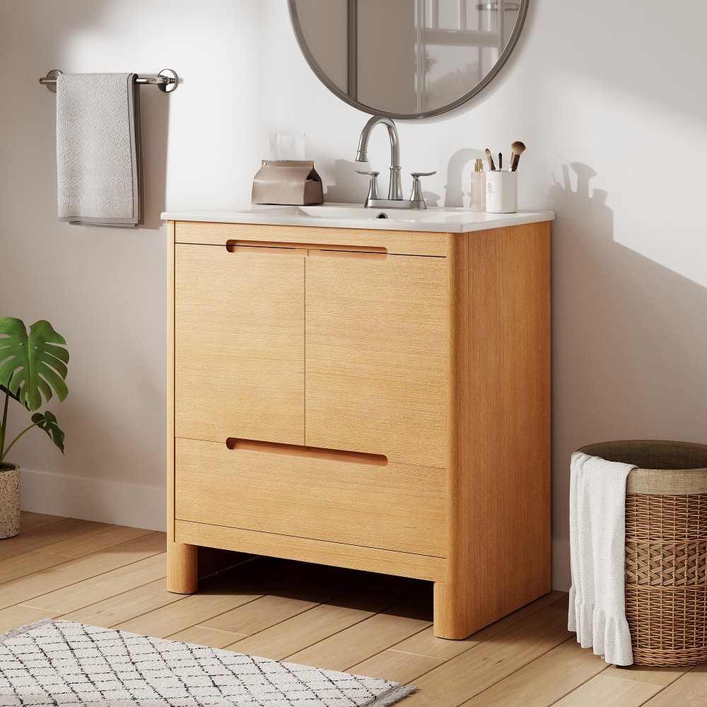 30in Oak Bathroom Vanity with Ceramic Sink, Soft-Close Doors, Adjustable Shelf