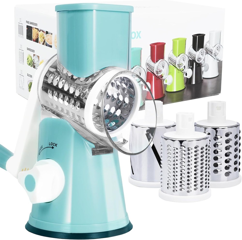 Rotary Cheese Grater, Grater Hand Crank with 3 Interchangeable Blue