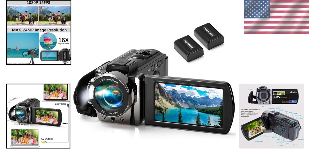 Versatile Video Camera with Pause Function, 2 Batteries & Anti-Shake Technology