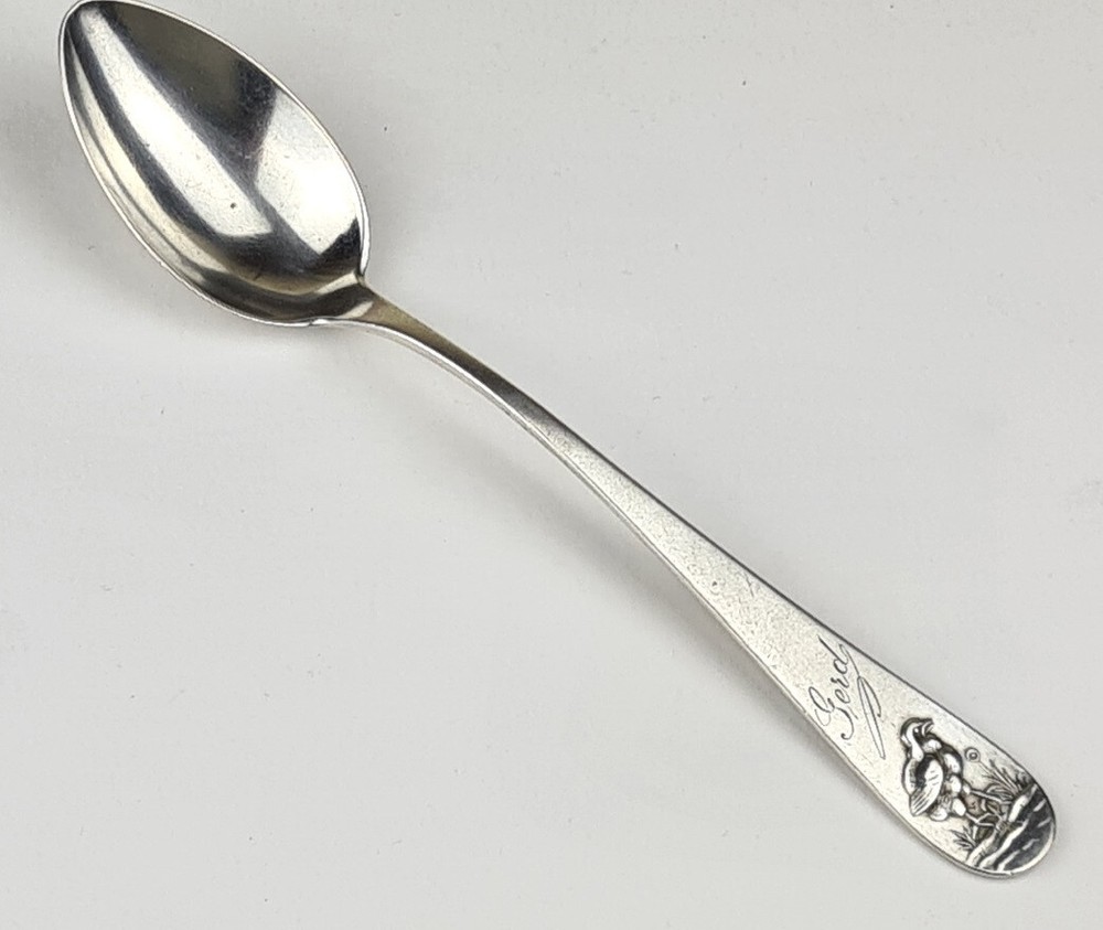 Children's Cutlery Spoon + Fork Bird Gerd 800 Silver around 1900 A22