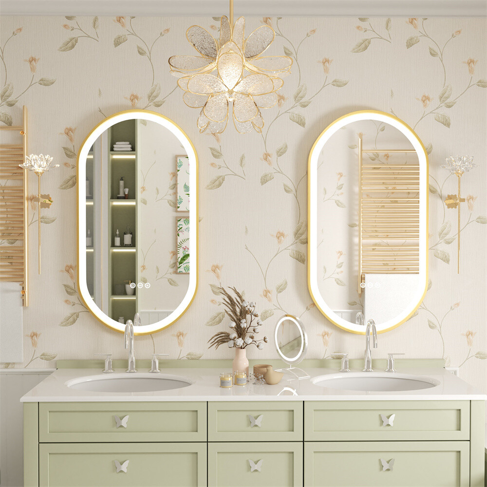 Oval LED Bathroom Mirror Gold Metal Frame Vanity Mirrors Dimmable 3 Touch Switch
