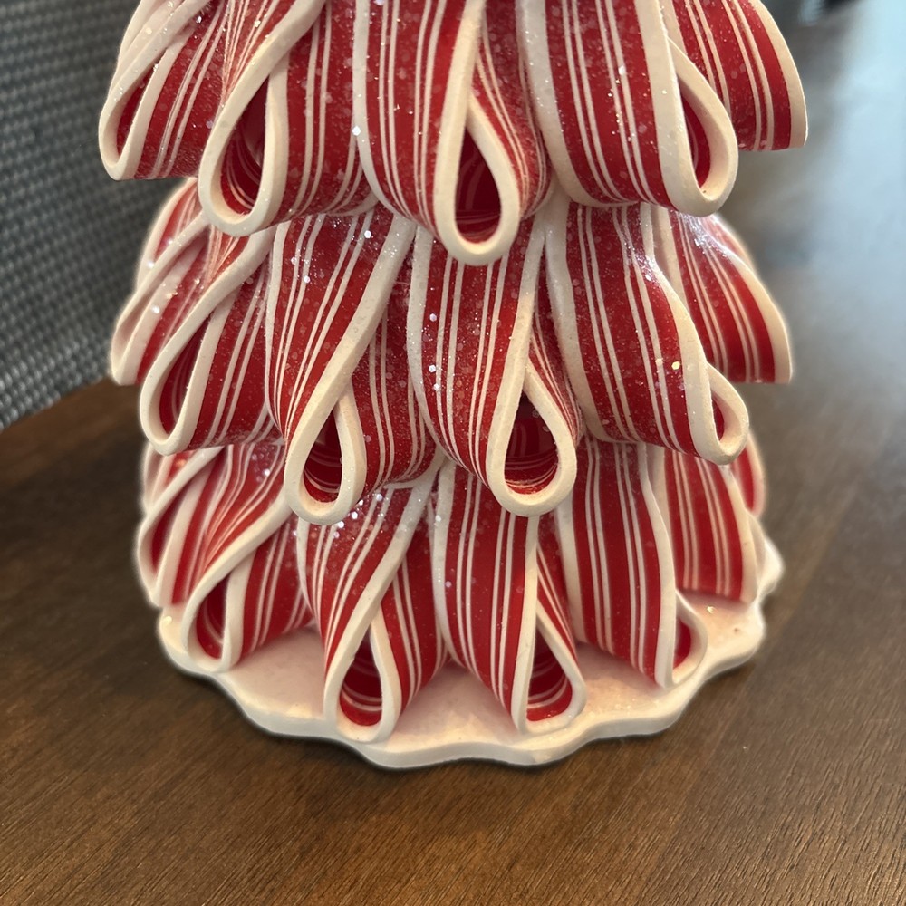 Lighted Peppermint Candy Cane Ribbon Decorative Tree, 17” Illuminated