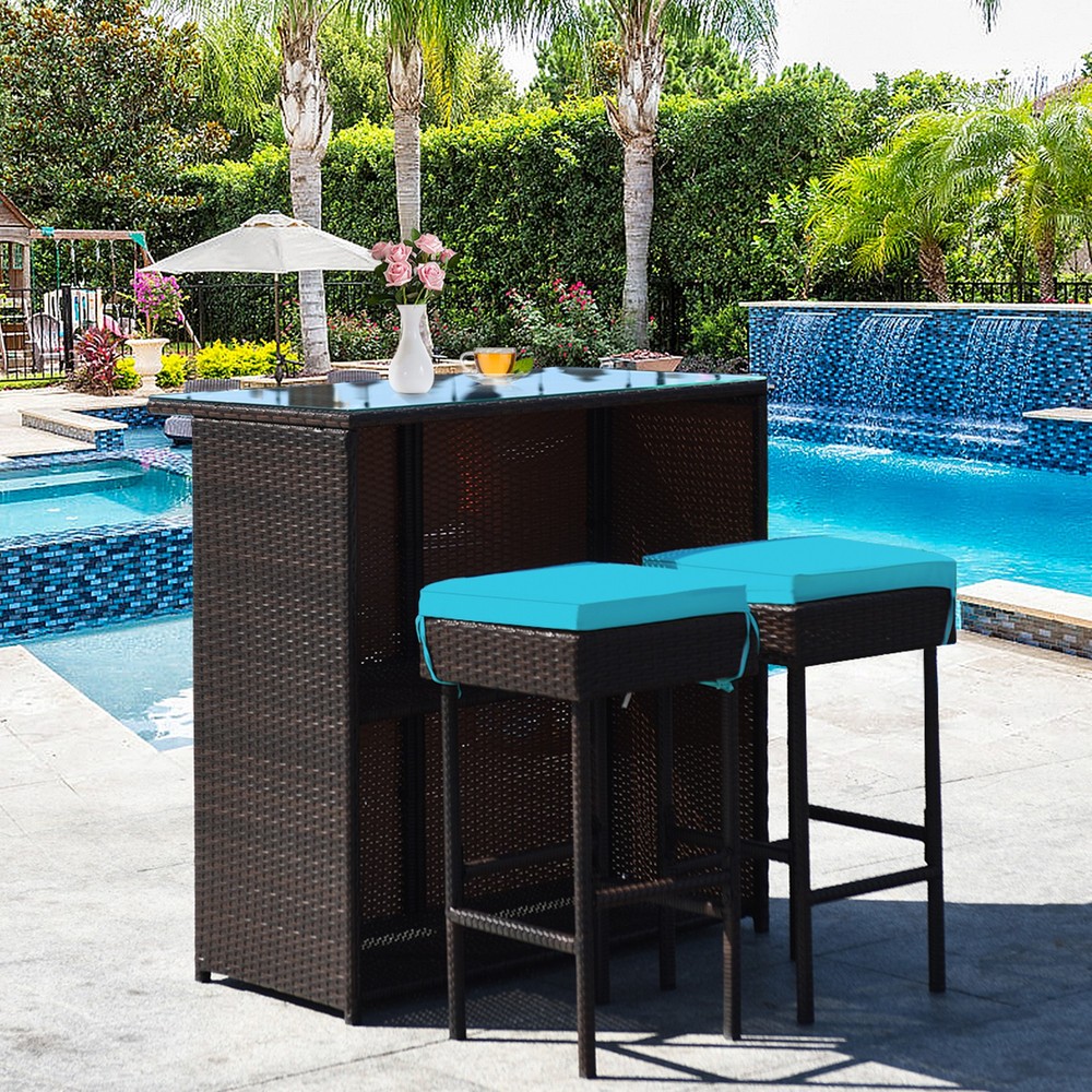 3PCS Rattan Patio Bar Table & Stool Set Dining Set w/ Turquoise Cushion