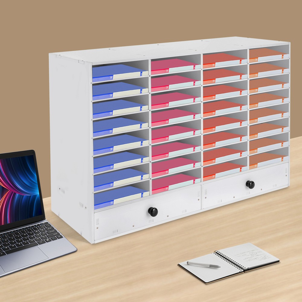 Adjustable Literature Organizer, 32 Compartment with 2 Drawers White NEW US