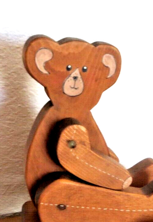 Vintage Jointed Wooden Bear Pull Toy ~ Wheels turn & pull string ~ Base Swivels