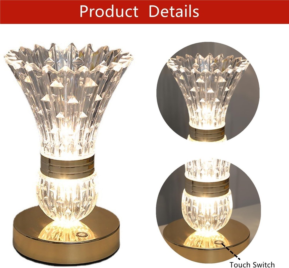 Crystal LED Vase Table Lamp, Touch Control, Night Light, Dimmable, Rechargeable