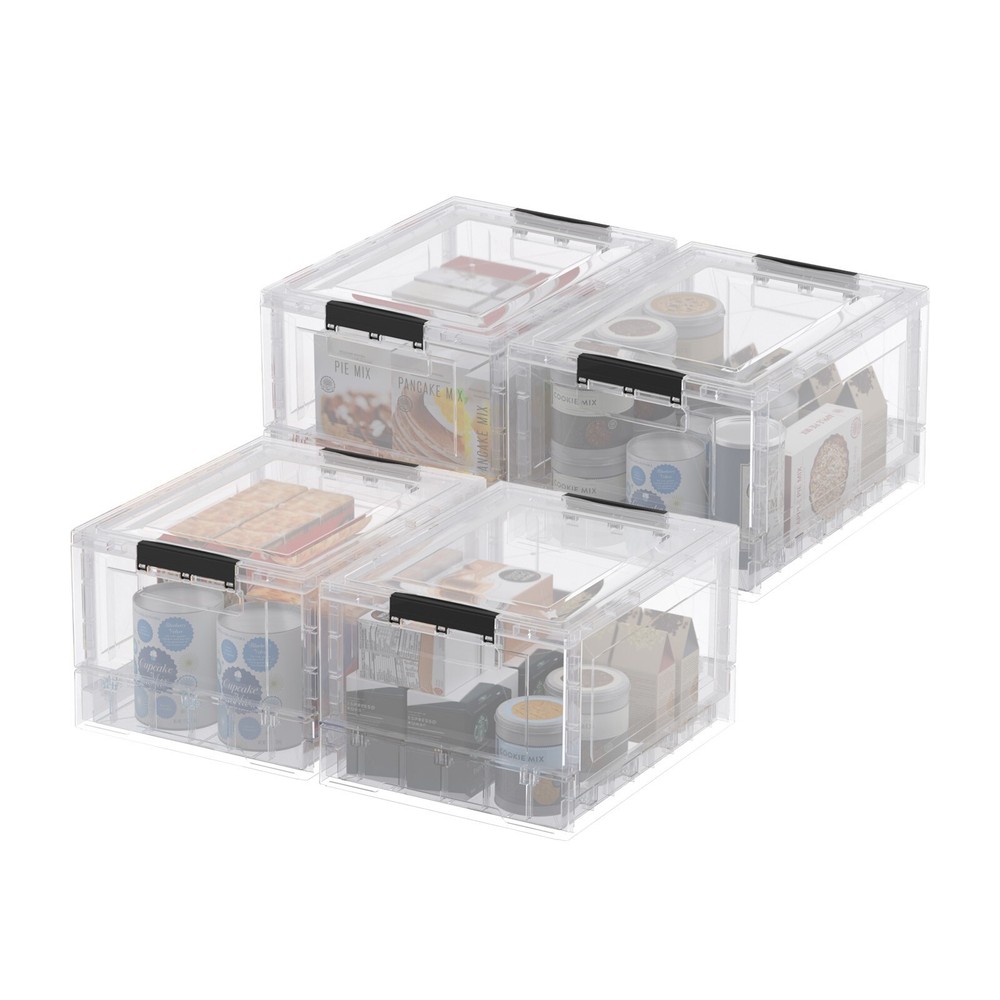 4 Packs Clear Stackable Folding Bins with Lids Collapsible Plastic Storage Cube