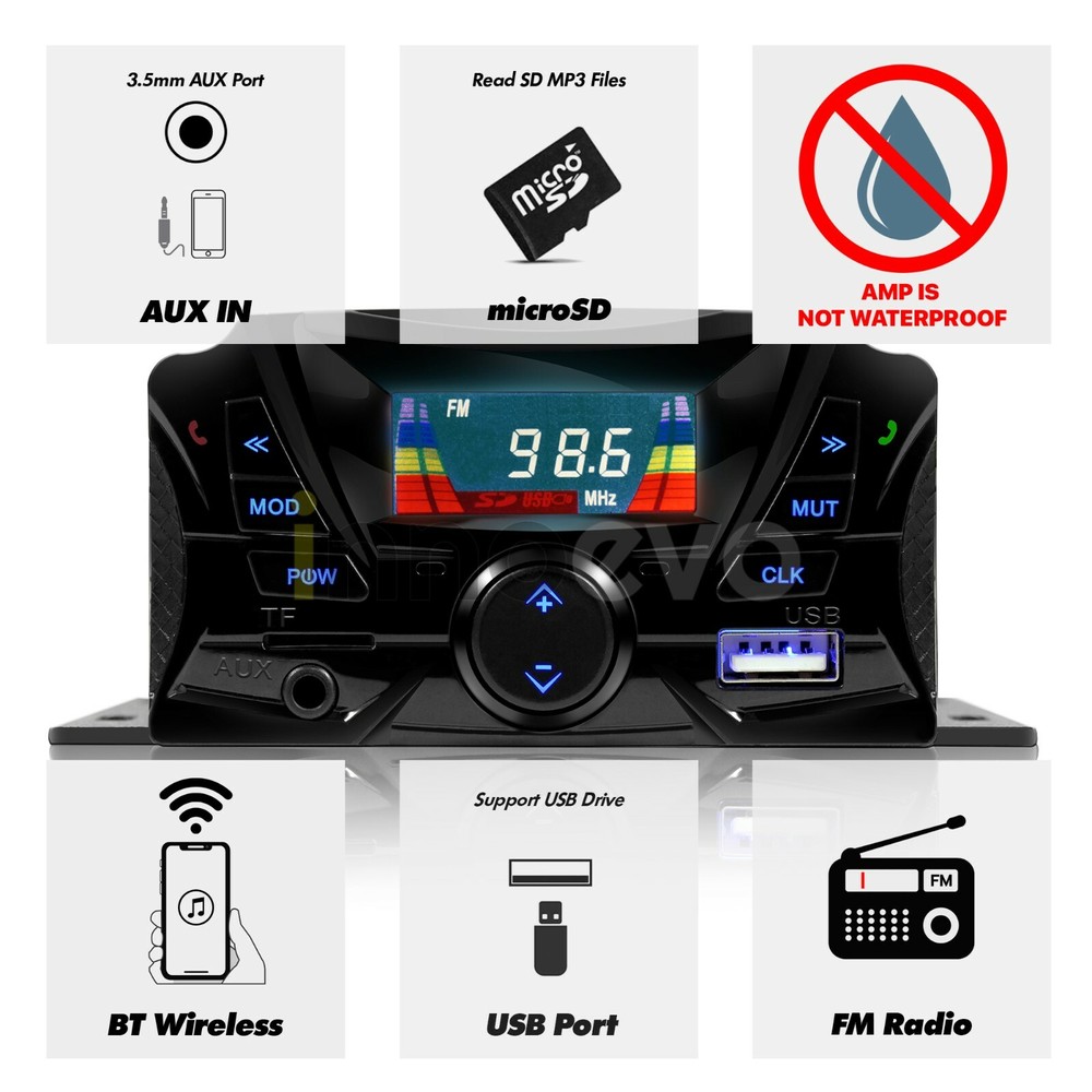 Motorcycle Bluetooth Wireless Speaker Audio System Stereo MP3 SD ATV UTV Scooter