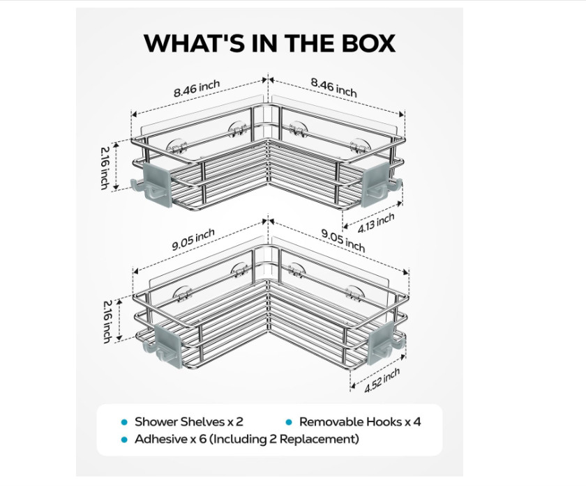 Corner Shower Shelves, Stainless Steel, Adhesive, 2 Pack